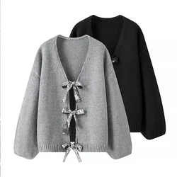 Autumn Winter Warm Woman Cardigan Sweater Casual Bow Sexy Knit Women's Clothing Loose Knitwear Soft Female Tops