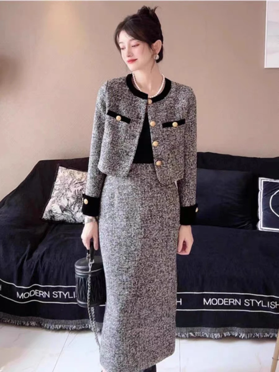 

UNXX Classy Socialite Elegant Short Jacket 2023 Autumn Winter New Tweed High-waist Skirt Two-piece Set Women Female Office Lady