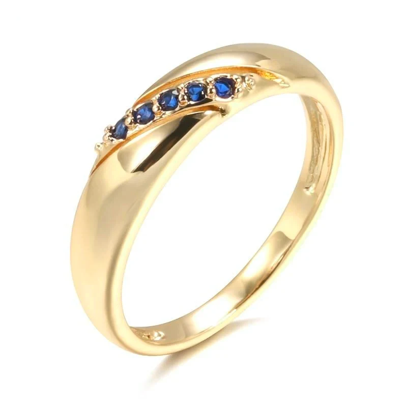 Huitan Simple Smooth Gold Color Rings for Women Inlaid Blue Cubic Zirconia Luxury Trendy Wedding Engagement Rings Lady Jewelry