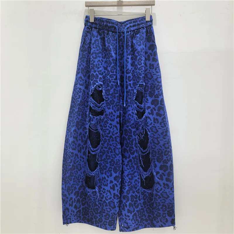 

American Hot Diamond Leopard Print Ripped Wide-leg Casual Pants, Women's Summer New Drawstring Elastic Waist Loose Pants Trendy