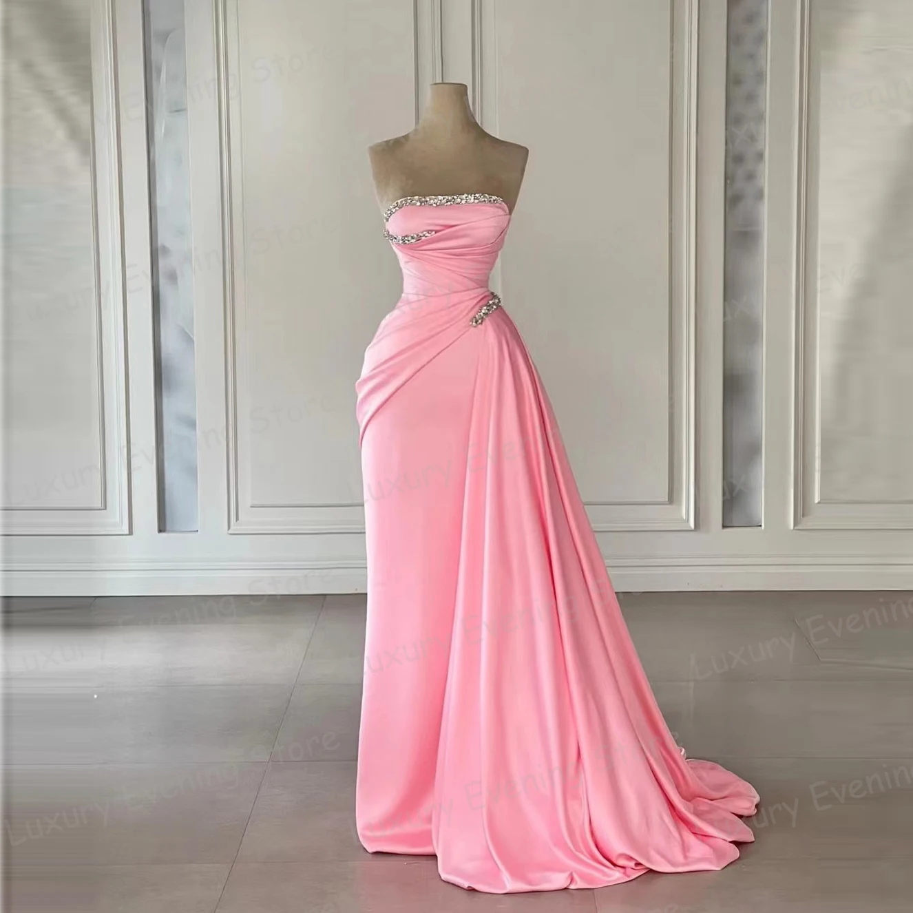 Robe de Soirée Sirène Rose pour Femme, Tenue de Célébrité Sexy, Sans Bretelles, à Paillettes, en Satin, Élégante