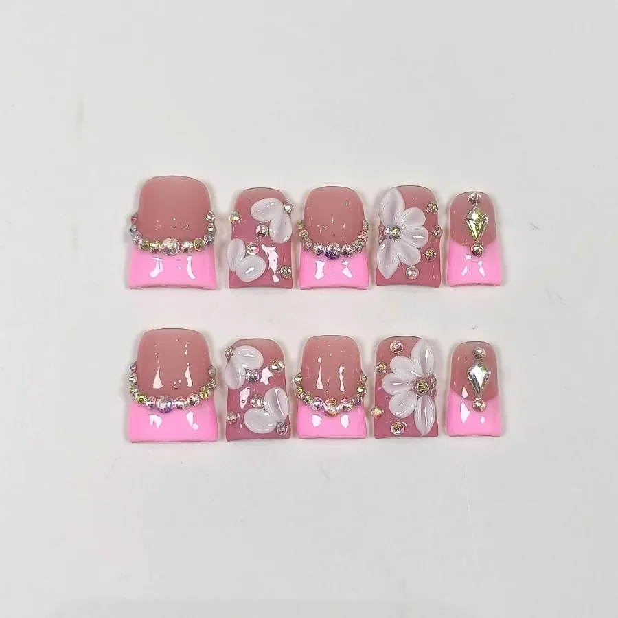 Elegant Duckbill Shape Handmade Press On Nails Kit with Pink French Floral Design Featuring 3D Flowers and Diamond Embellishmen