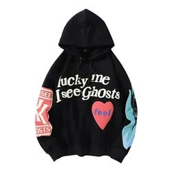 Graffiti Print Padded Sweatshirt Trendy Lucky Me I See Ghosts Graphic Y2k Hoodies American Classic Vintage Couple Sweatshirt