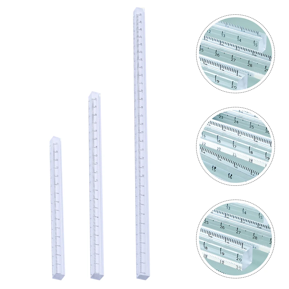 3-teiliges transparentes Lineal-Set, quadratischer Stab, gerades Lineal aus Acryl, Messwerkzeug, professionelles Zeichenzubehör, Geometrie-Lineal