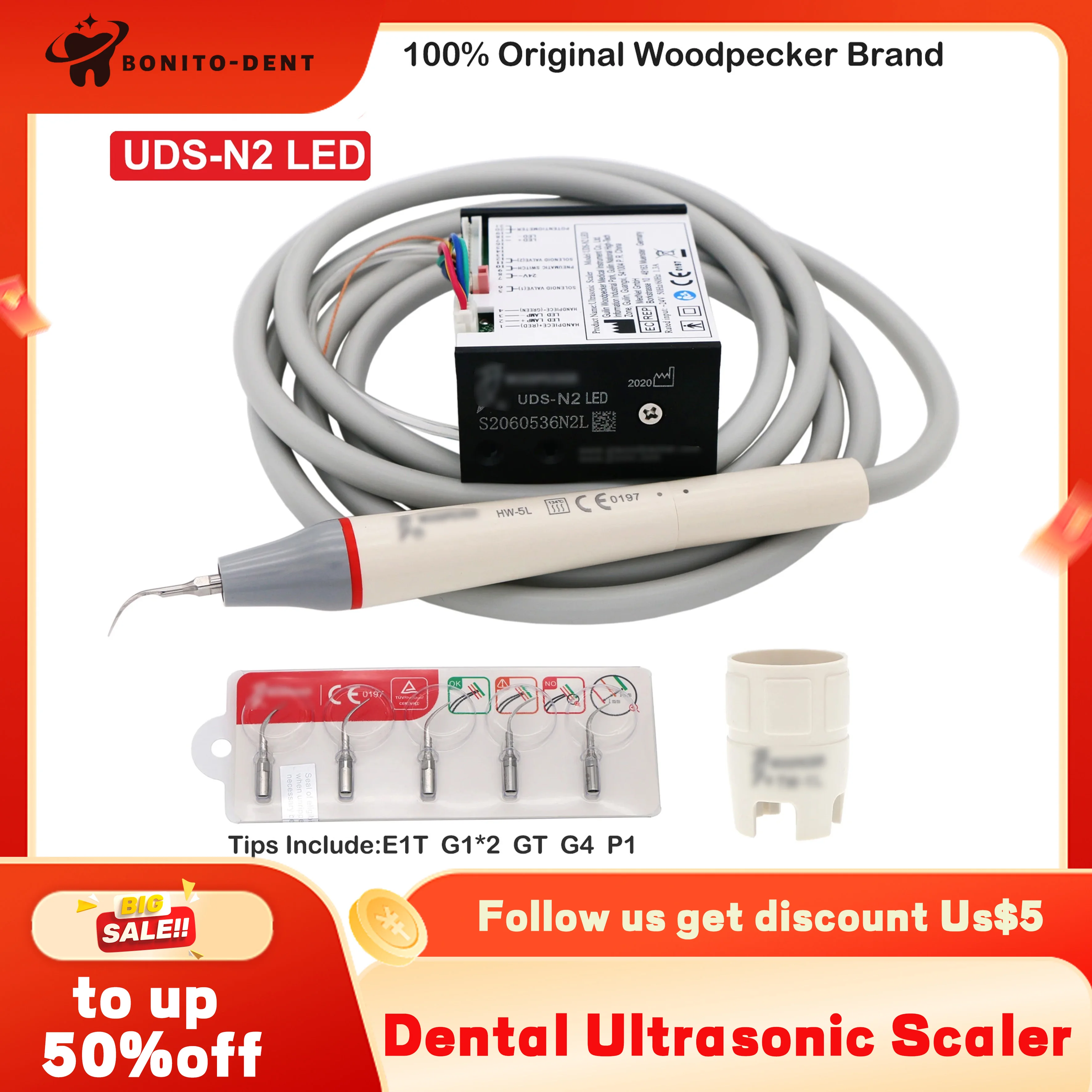 Woodpecker Dental UltrasonicScaler Build In N2 N2LED Scaler Piezo Scaling Tips For Dental Unit Teeth Cleaning Whitening Fit EMS