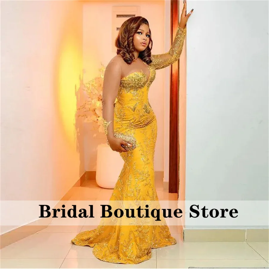 Elegant Yellow Prom Dresses 2024 Long Sleeves Sparkly Beads Crystals African Evening Gowns Wedding Reception Gown  Customized