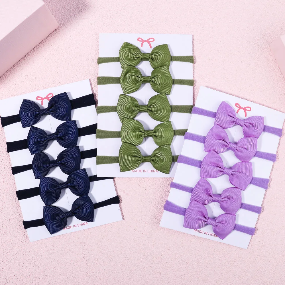 5Pcs/Set New Girls Solid Color Bowknot Elastic Headband for Baby Kids Grograin Ribbon Headwear Infant Hair Accessories Wholesale