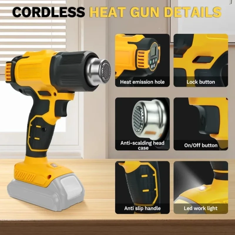 Pistola de calor inalámbrica, solo herramienta, envoltura retráctil, pistola de aire caliente eléctrica Industrial, herramienta de soplador térmico compatible con batería DEWALT
