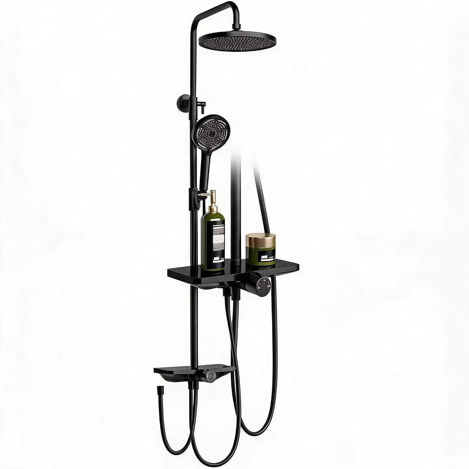 Ensemble de douche pluie, système de douche apparent à 3 fonctions avec colonne réglable en hauteur, pommeau de douche pluie 253 mm et douchette à 3 modes, kit de douche de salle de bain avec étagère de rangement, noir