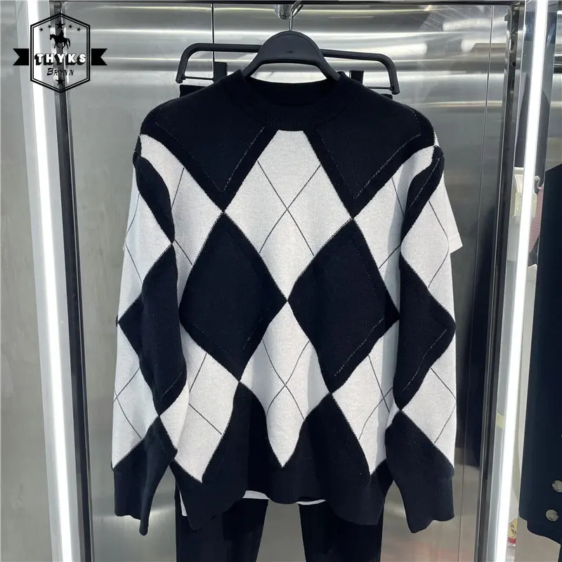 

Knitted Plaid Sweaters Men Diamond Pattern Patchwork Couples Korean Pullovers Fashion Loose Vintage Women Wool Sweaters Autumn