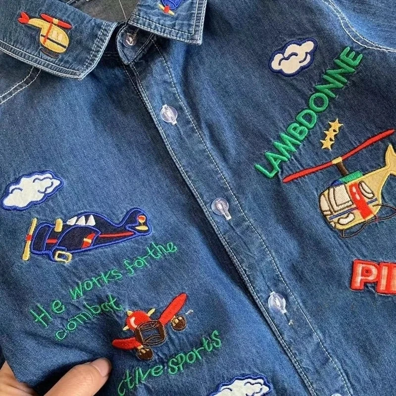 Fashion Boys denim shirt cartoon Embroidery Kids long sleeve Coat children loose casual denim jacket