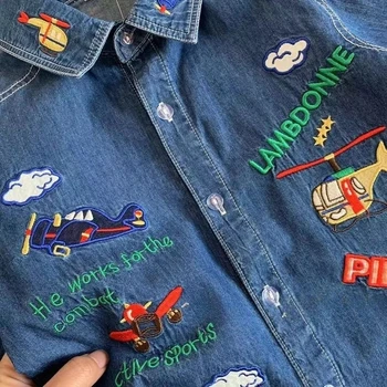 Fashion Boys denim shirt cartoon Embroidery Kids long sleeve Coat children loose casual denim jacket 5