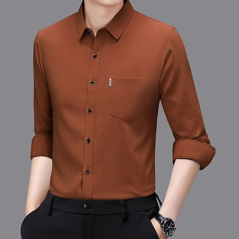 

Мужская шифоновая элитная рубашка с длинными рукавами и карманами, однотонная новая рубашка, универсальная весна-осень