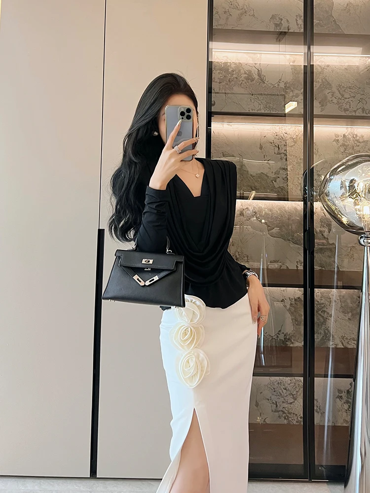 

Bla Large V-Ne Slimming Top High Waist Bodycon Skirt Sexy Split Long Dr Two-Piece Set Ele Lady Sle Faion Set