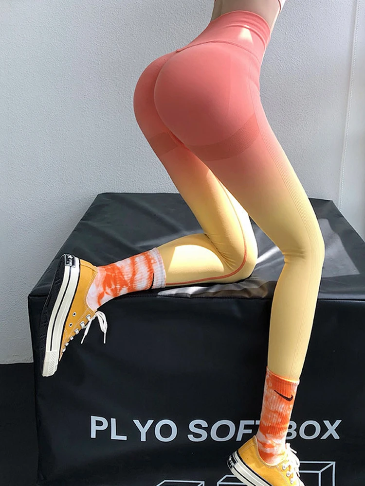 Leggings gradiente mulheres sexy sem costura de cintura alta secagem rápida esporte legging para a mulher ginásio treino alta elasticidade nádegas leggins