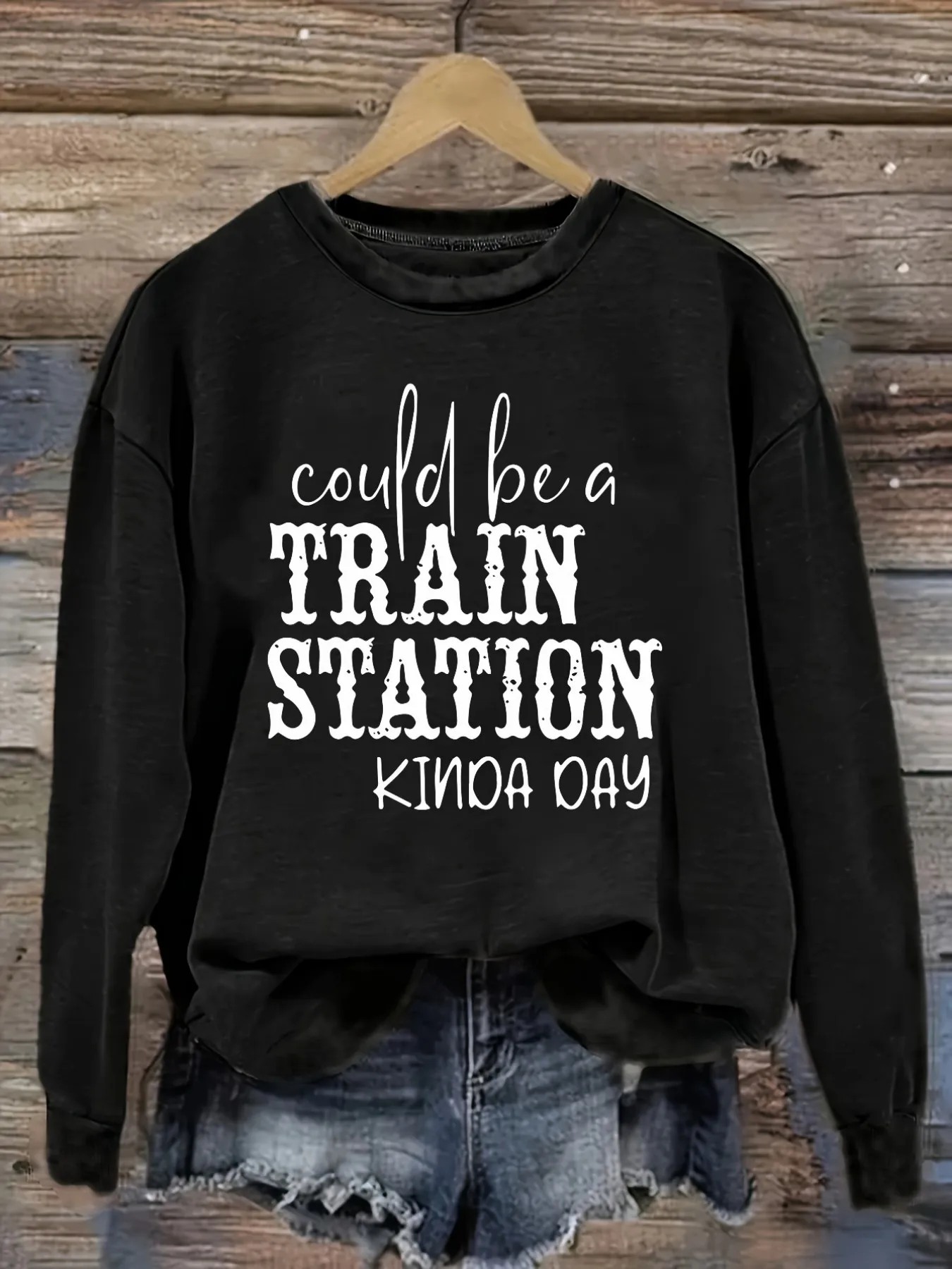 Women's Casual Long Sleeve Crew Neck T-Shirt Could Be A Train Station Kinda Day Design, Round Neck Women's Clothing, Machine Washable, Slightly Elastic, Loose Fit, Spring Autumn Winter Women's T-Shirt, Halloween Costume Outfit