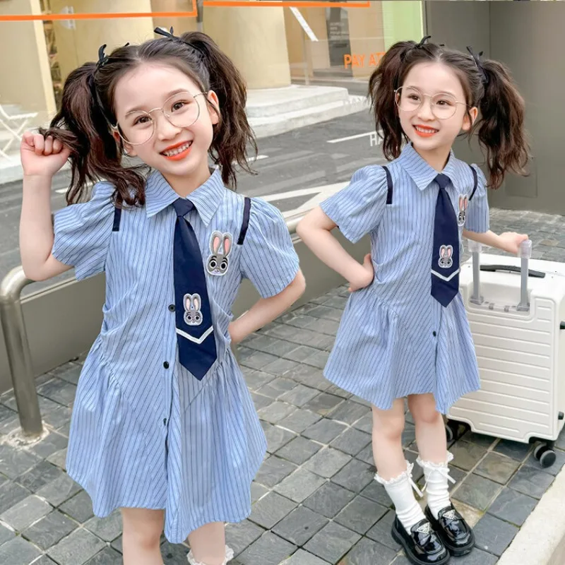 

Girls Dress College Style Kids Clothes Summer 2 3 4 5 6 7 8 Years Blue Stripe High-end Shirt Casual Children's Mini Dresses