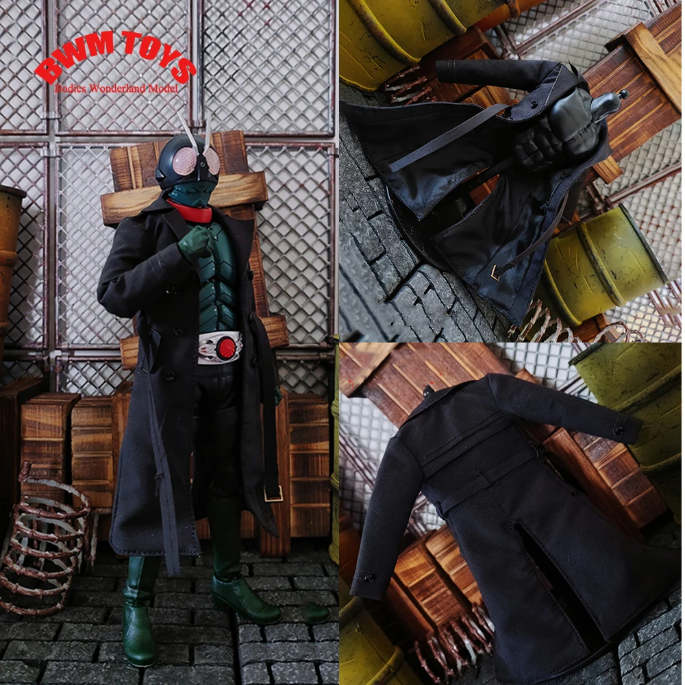 1/12 Scale Black Color Classic Long Coat Male Soldier Windbreaker with Double Breasted Iron Line for 6