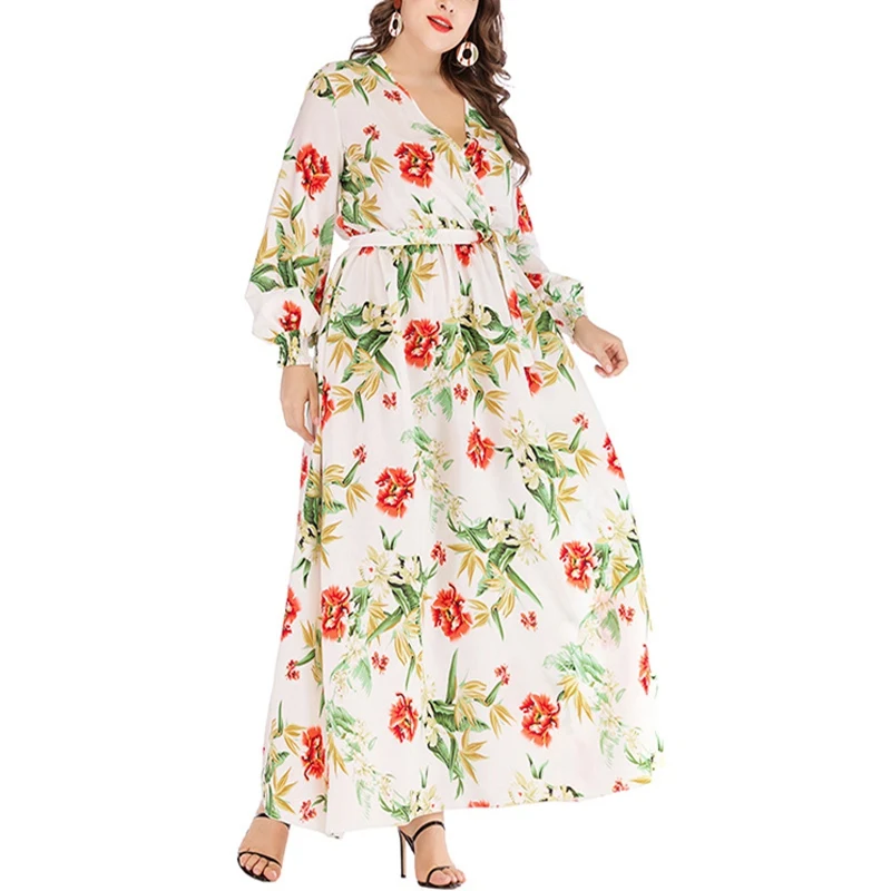

Women's sexy V-neck printed bubble sleeve swing dress, ladies' fashion belt, plus size, new summer style.