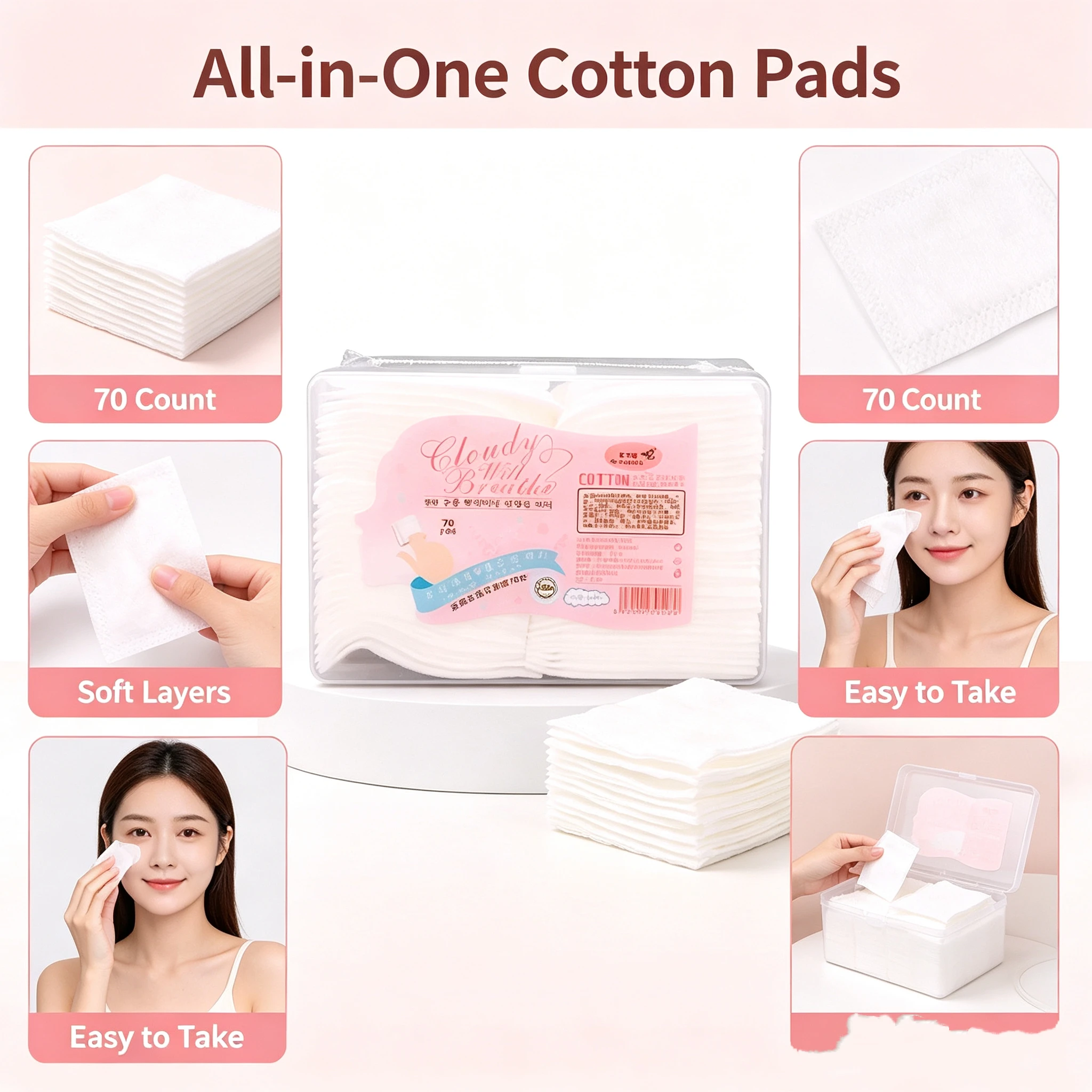 70-piece box pack, skin-friendly and lint-free, dual-use makeup pads for cleansing, wet compressing, and hand insertion.