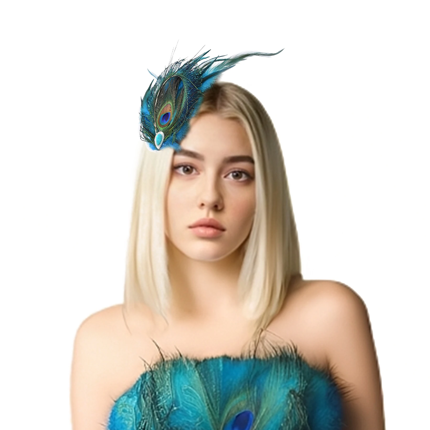 Women Peacock Feather Hair Clip with Blue Tears Rhinestone Latin Dance Party Fascinator Wedding Bridal Hair Fan-shaped Jewelry