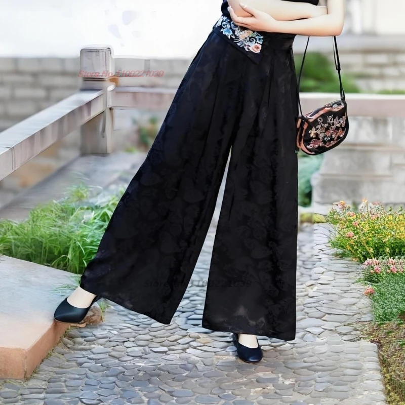 

Широкие брюки в этническом стиле с вышивкой национальных цветов, атласный жаккард, эластичный пояс, свободный крой, 2026 год, винтаж, Китай