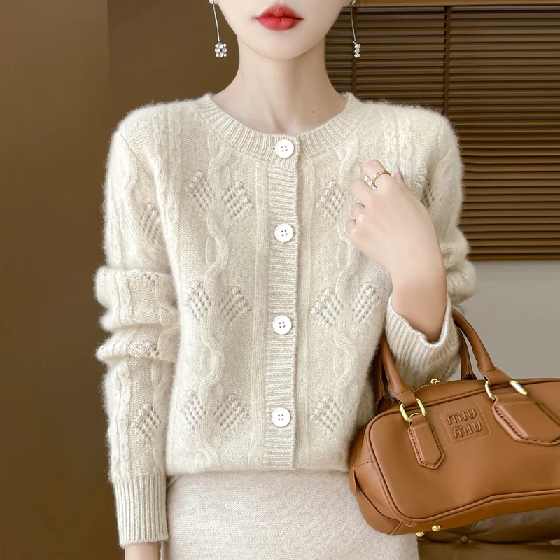 Round Neck Thick 100% MerinoWool Cardigan Women's AutumnWinter Hollow Out Fashion Solid Color Sweater Elegant Knitted Jacket Top