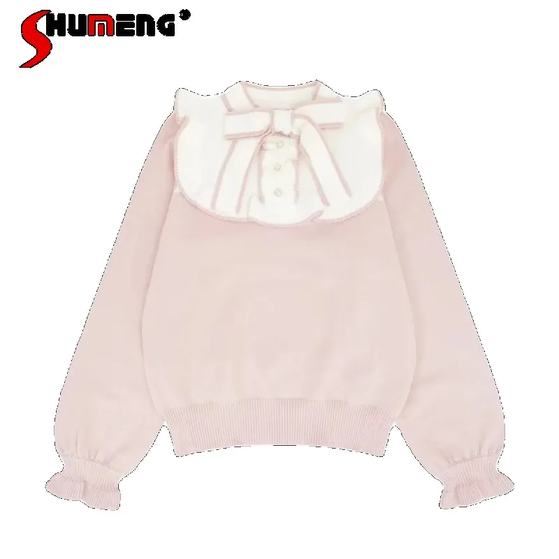 

Japanese Rojita 2023 Autumn And Winter Cute Girl Stringy Selvedge Lacework Puff Sleeve Knitted Sweater Pullovers 2 Colors Choose