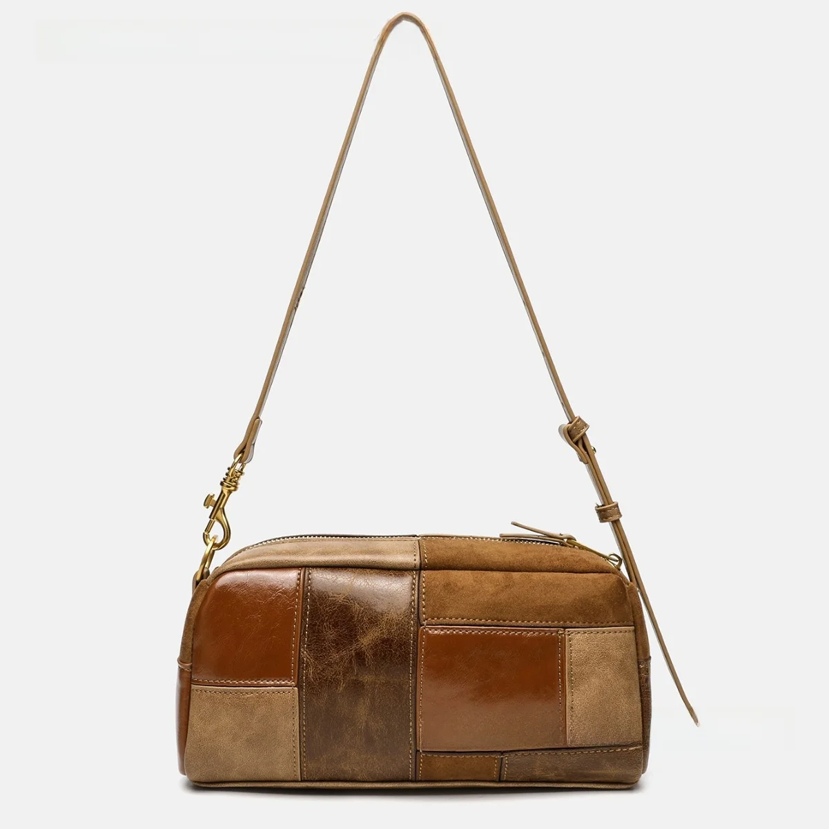 

2026 Autumn Bowling Bag Shoulder Bag Women Casual Contrast Color Brown Simple Design Synthetic Leather Handbag