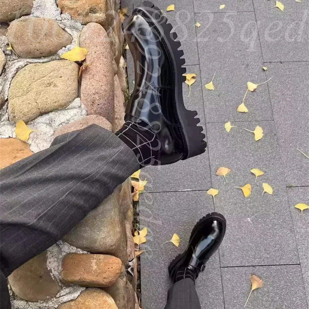 

Men's Trendy Patent Polished Leather Monk Strap Shoes Chunky Platform Sole Formal Dress Oxfords Elevator Heel Footwear for Work