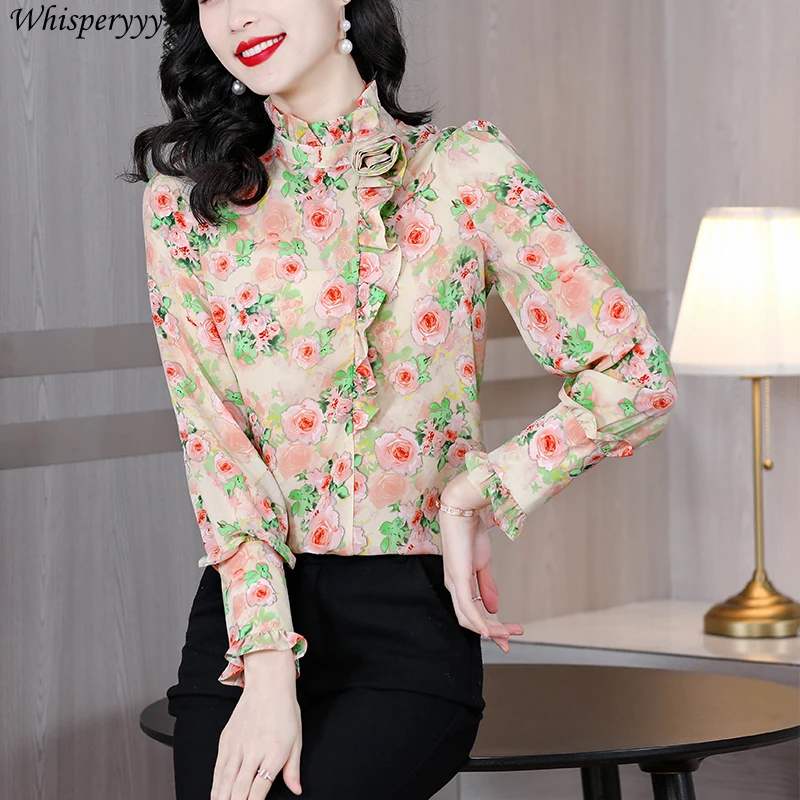 Spring New Retro Rose Shirt Women Temperament Floral Stand-up Collar Shirt Femme Blusas De Chifon Elegantes Long-sleeved Tops