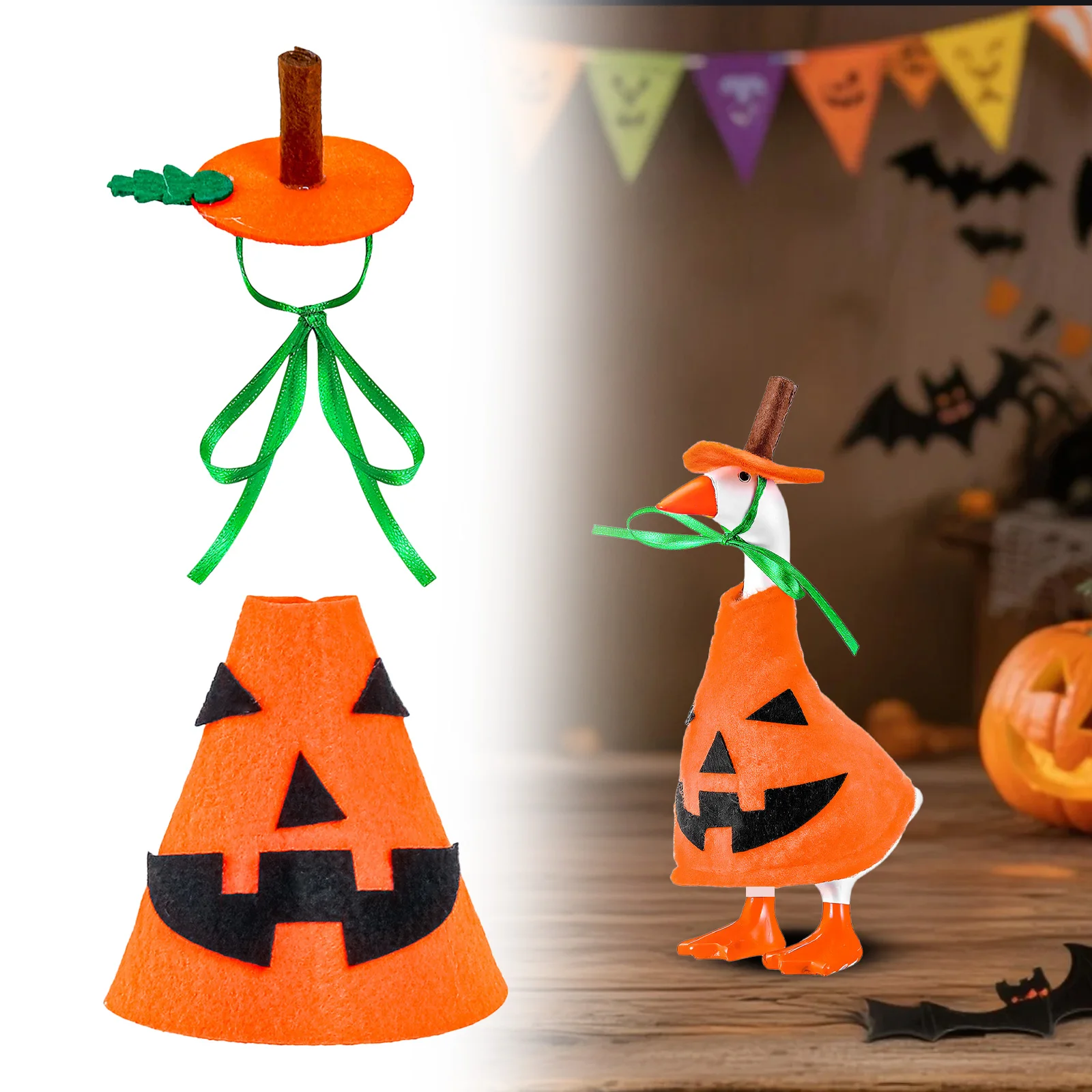 

2025 Мини-настольный наряд гуся, 7-дюймовая статуя, костюм тыквы на Хэллоуин, мини-оранжевая шляпа и одежда для Хэллоуина, статуя утки, декор