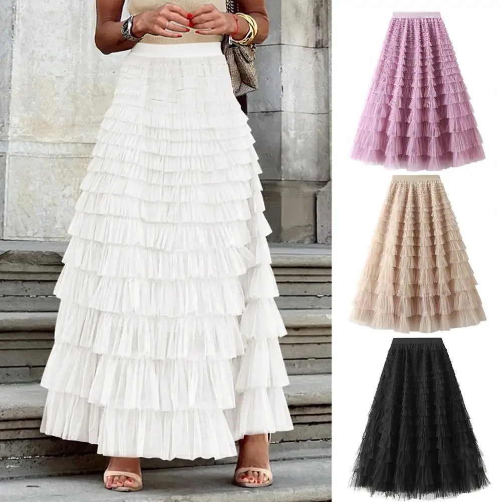 

High-waisted A-line Skirt Elegant Multi-layer A-line Skirt with Elastic High Waist Solid Color Long Skirt for Women Gauze Mesh