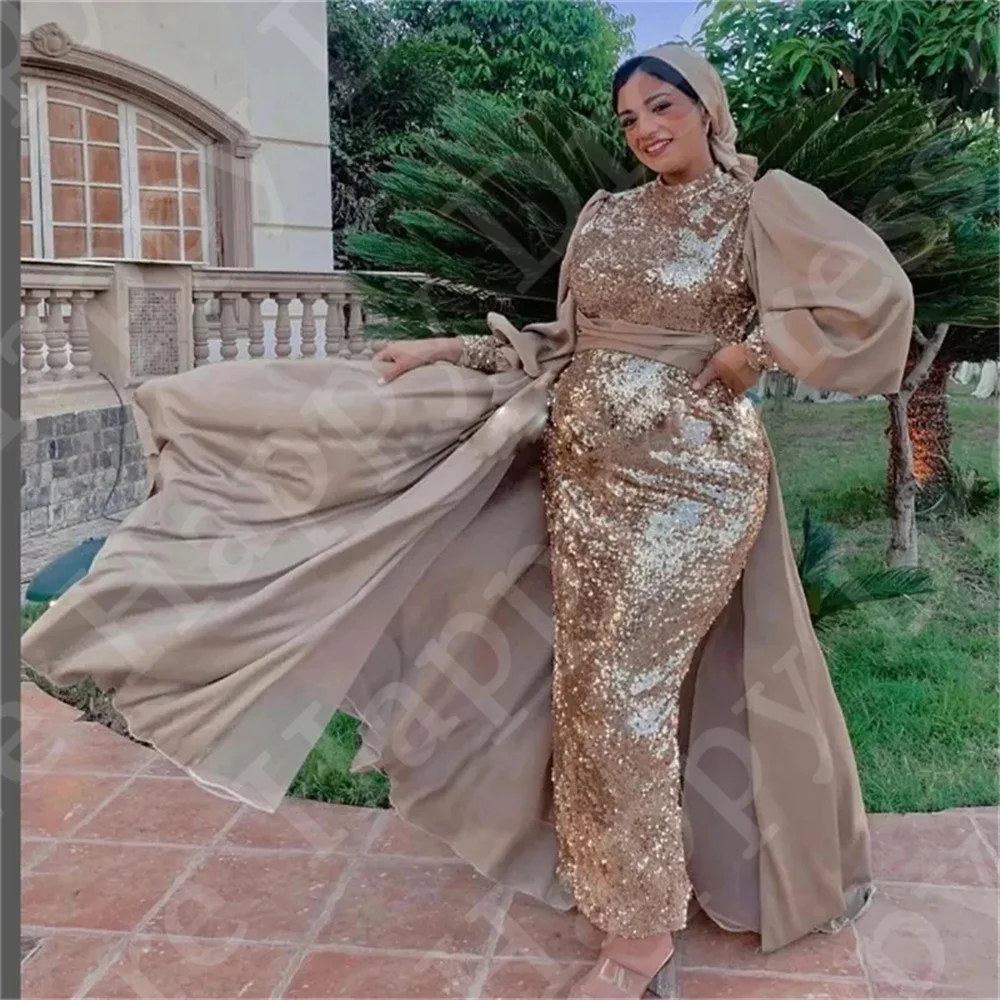 Plus Size abito da sera di lusso collo alto maniche lunghe paillettes arabo musulmano Dubai Islam donne guaina abito da festa alla caviglia in raso