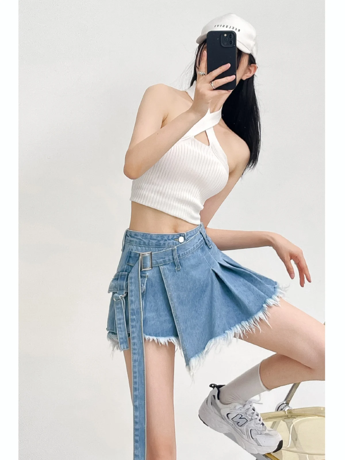 False Two-piece Denim Skirt Bustier Skirt Anti-travel Raw Edge Design Sense A-line Wide-leg Denim Shorts