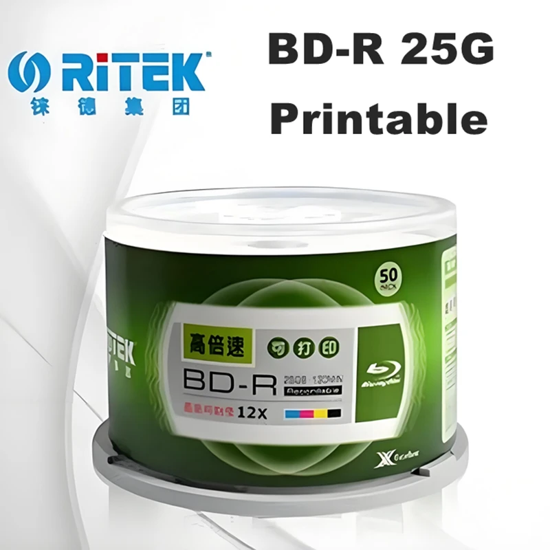 50 قطعة/صندوق Ritek BD-R 25 جيجابايت قرص بلو راي فارغ قابل للطباعة 1-12X 130 دقيقة تسجيل قرص بلو راي