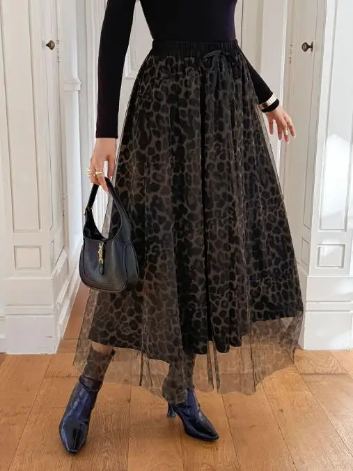 

Women's Dress 2025 Autumn/winter Elegant New Fashion Casual Vacation Leopard Pattern Mesh Long Skirt Half Skirt Women's Wear