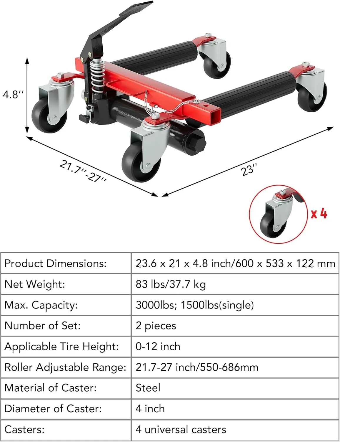 Conjunto de dolly de roda de carro hidráulico de 2, elevador de pedal de capacidade de 3.000 lbs para reparo de pneus, mudança de pneu em movimento automático e armazenamento de garagem