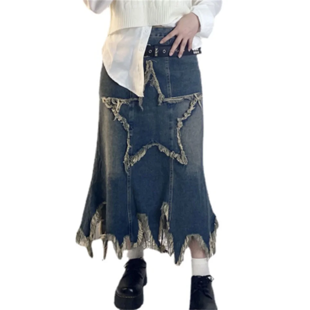 

New star denim skirt women fringed long Irregularity a line skirt fashion