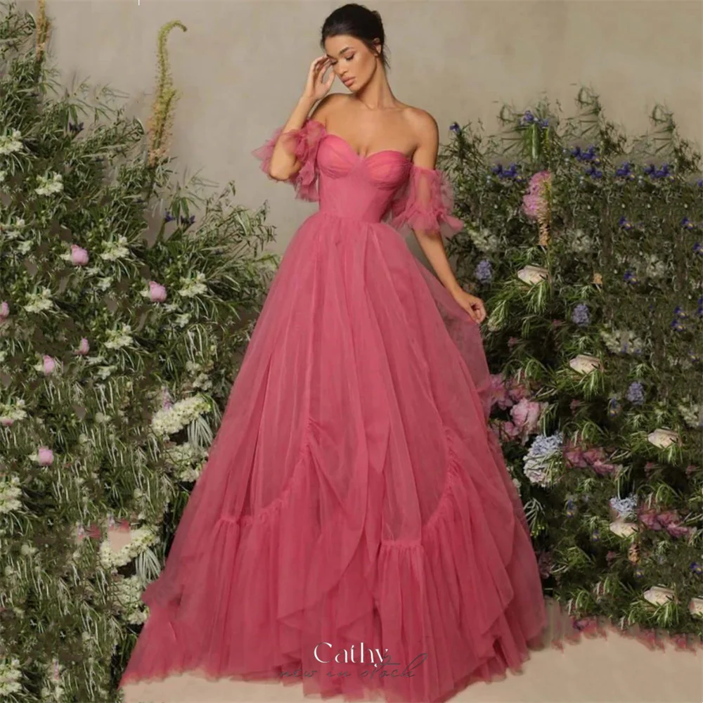 Cathy Off the Shoulder Heart Shape Neck Tulle Prom Dress A-line فساتين سهرة Elegant Pleats Floor-length vestidos de fiesta 2024