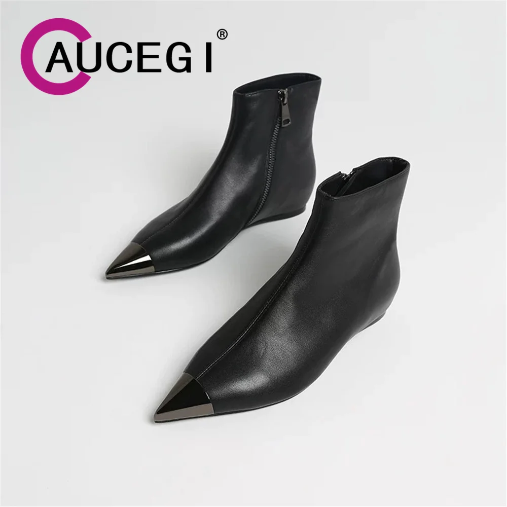 

Aucegi Hot Sale Women PU Leather Mature Ankle Boots Kitten Heels Autumn Winter Sexy Pointed Toe Slip On Party Office Shoes