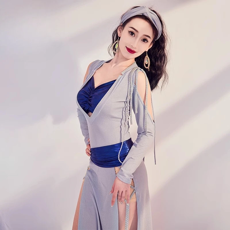 أزياء الرقص الشرقي الجديدة المخصصة، رداء طويل لامع، ملابس ممارسة الرقص الشعبي، فستان أداء بلدي #6