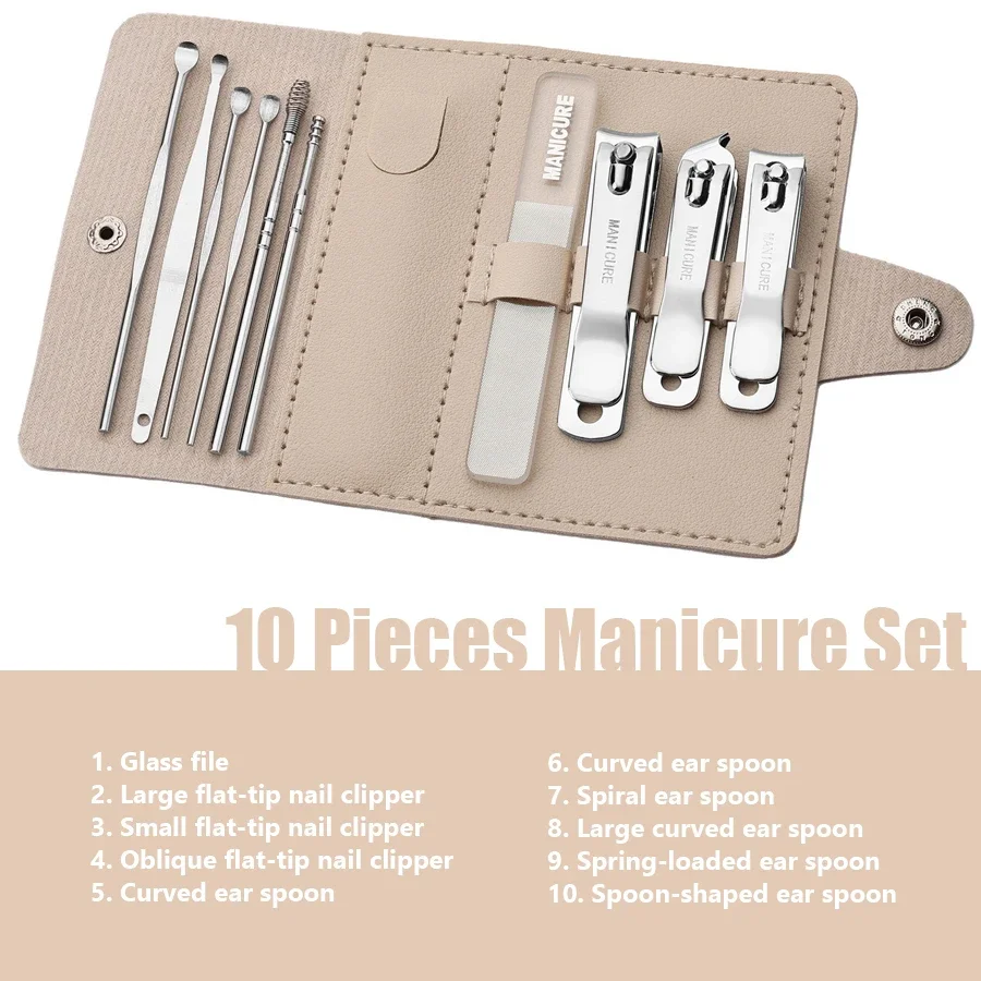 

10Pcs Stainless Steel Nail Clippers Set Manicure Pedicure Kit with Travel Case Curved Ear Spoon Nail Care Tools