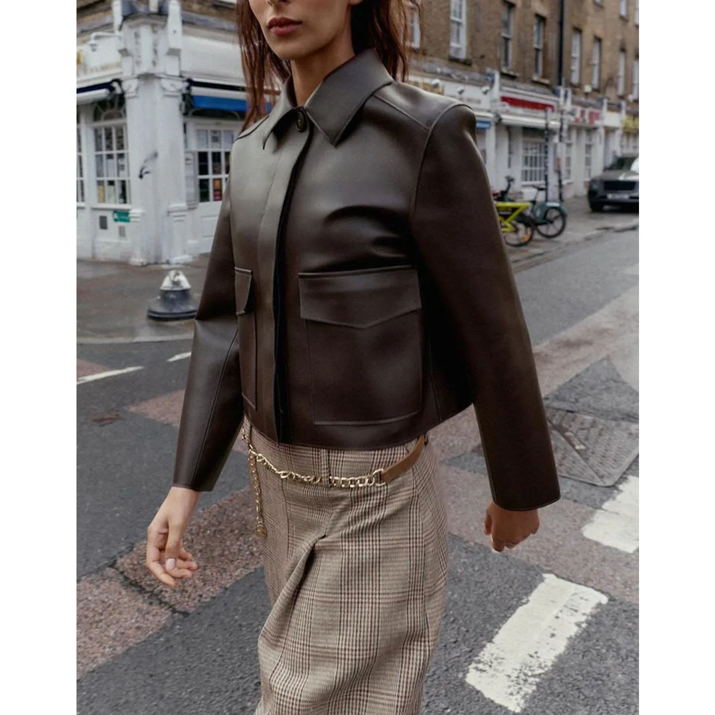خريف جديد المرأة Briti Sle طويل Sve التلبيب فضفاض بولي Leather الجلود ort Jaet معطف ألياف البوليستر 00% المواد المخملية