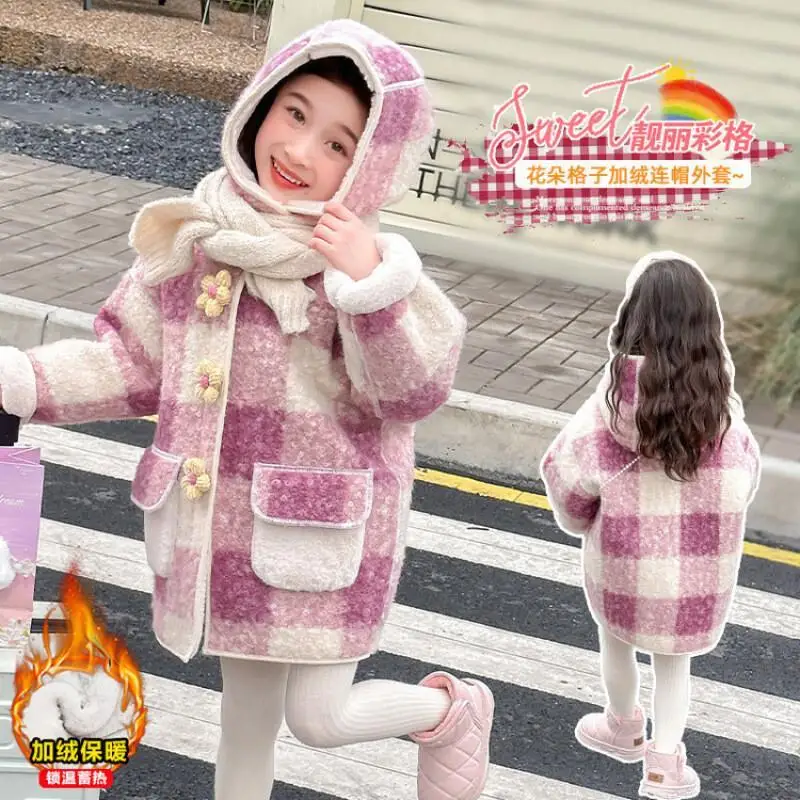 الفتيات الخريف الشتاء الدفء رشاقته معطف منقوشة مقنعين القمم معطف مريح موضة جديدة 7 إلى 12 سنة ملابس الأطفال