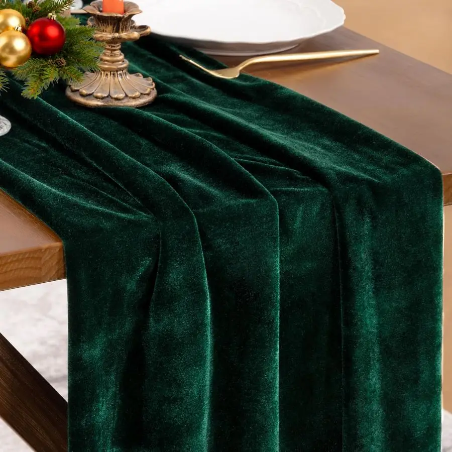 

4pcs Green Velvet Valentines Day Table Runner Cloth Decor 20 x 120 Inches 10ft Fabric Emerald Green Luxurious Thanksgiving Weddi