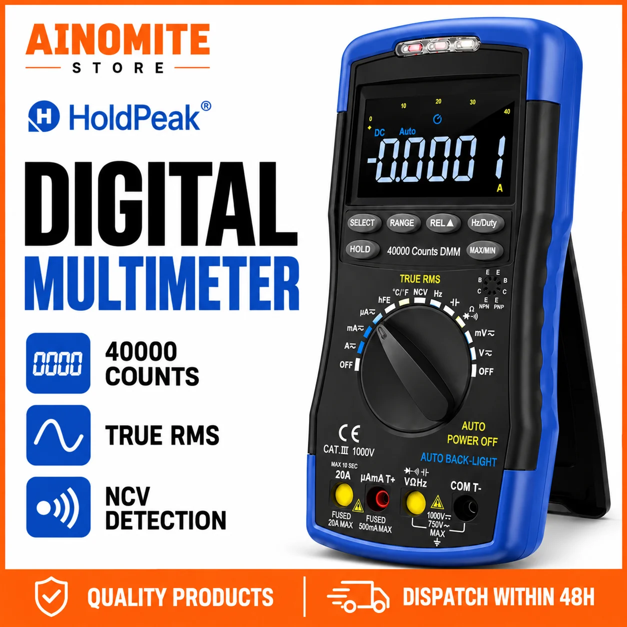 40000 Counts Digital Multimeter True RMS Auto Ranging AC DC Voltage Current Tester Capacitance Resistance NCV Professional Meter