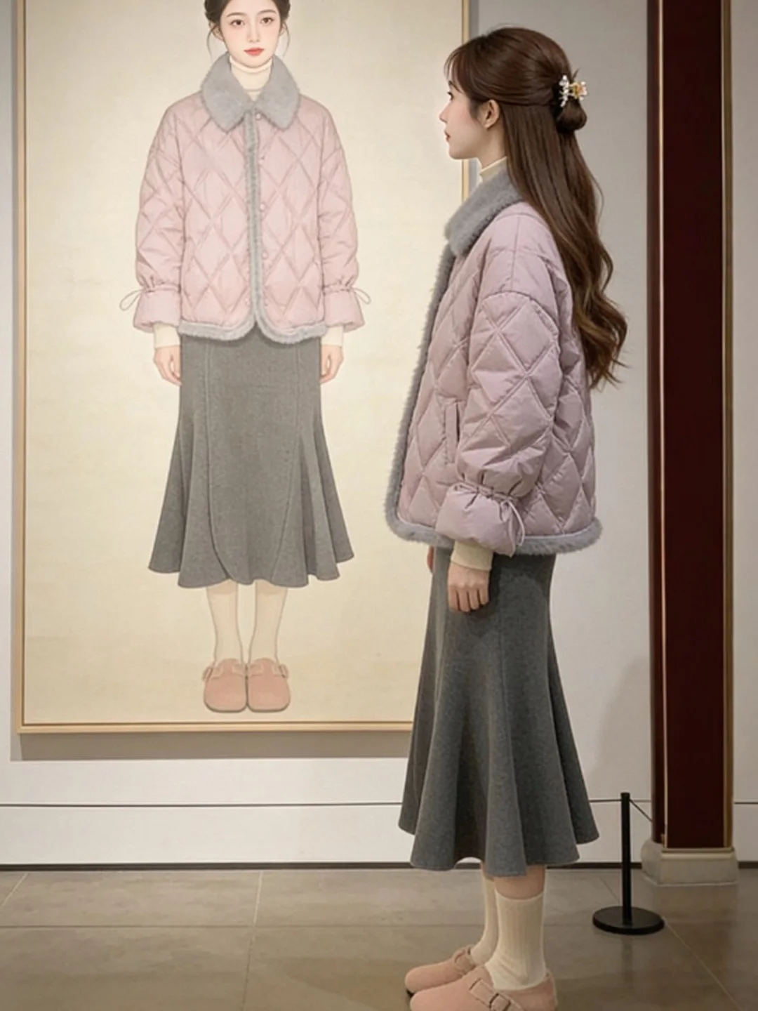 

Korean Sle ort Thiened Cotton Jaet Purple Turn-down Collar Diamond Pattern Faionable Winter Outerwear Women's Coat