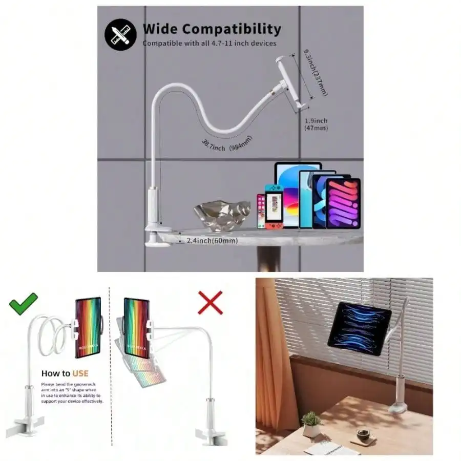 

K - MT38.7inch/98cm Tablet Phone Holder Table Desk Gooseneck Mount, Mount Holder Clip With Grip Flexible Long Arm Compatible/Switch/ Tabs/ Fire K - MT White Compatible With IPhone, Android Phone, Gift For Birthday, Family, Friends, For Summer Bathroom Kit