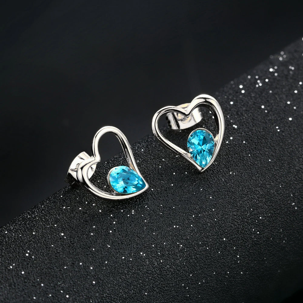 ZHOUYANG Stud Earring For Woman Girl Sweety Hollow Out Heart Tear-drop Blue Crystal Silver Color Fashion Jewelry Party Gift E321